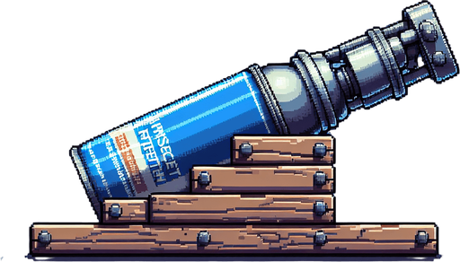 Genera un tipo de aerosol contra insectos que este acostado sobre dos pedazos de madera, como si fuese un cañon, tomalo de perfil mirando a la deracha y hazlo en pixel art.
Single Game Texture.  In-Game asset.  2d.  Blank background.  High contrast.  No shadows