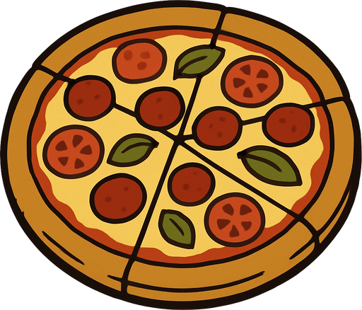 Pizza in professor Layton game style artwork.
In-Game asset.  2d.  High contrast.  No shadows