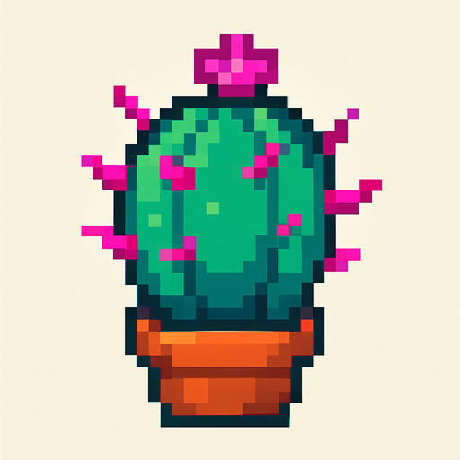 cactus with pink spines and a small pink flower on top 
8bit.
In-Game asset.  2d.  High contrast.  No shadows