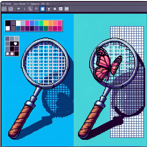 pixel butterfly catcher tool, standing straight, the net facing right.
Single Game Texture. In-Game asset. 2d. Blank background. High contrast. No shadows.