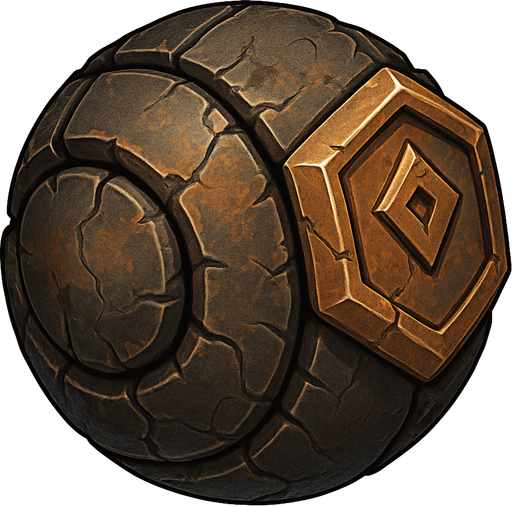 A single, isolated, highly detailed top-down isometric game asset of a Rolling Golem. It is a large, heavily armored construct, predominantly spherical or cylindrical in shape, designed for rolling. Its body is made of weathered stone or rusted metal plating, with visible cracks or joints. It should have a clear, implied 'front' side oriented towards the right of the image, with perhaps larger plating or a more distinct feature (like a simple, static crest or emblem) on this leading side to emphasize direction. No limbs or articulated parts. The entire body suggests immense weight and slow, deliberate movement. Style: Stylized, sturdy fantasy or arcane-industrial, suitable for a Tower Defense game. Transparent background..
In-Game asset.  2d.  High contrast.  No shadows