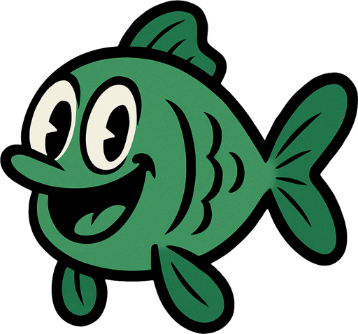 Rubber Hose Style Green Medium-Sized fish.
In-Game asset.  2d.  High contrast.  No shadows