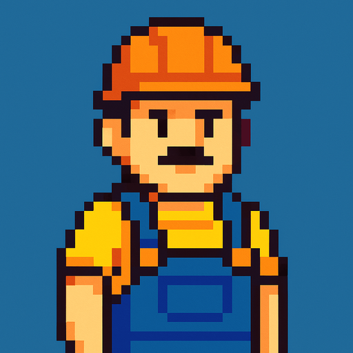Hombre trabajador mirando a la cámara pixel art.
In-Game asset.  2d.  High contrast.  No shadows
