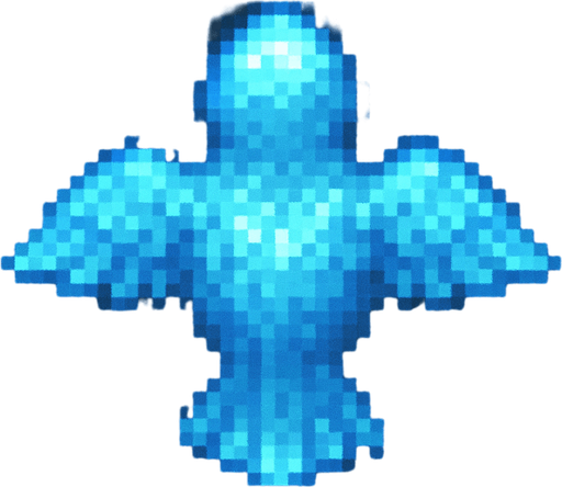 "Top-down 2D pixel art of a bird, viewed from a perfect 90-degree angle directly overhead (true bird’s-eye view), facing away from the viewer (back view). A glowing blue aura. The entire character appears as a semi-transparent blue hologram, glowing slightly with a futuristic shimmer. The lighting is soft and ambient, suitable for a fantasy RPG game. Style is classic 16-bit RPG pixel art, SNES-era quality. Transparent background.".
In-Game asset.  2d.  High contrast.  No shadows