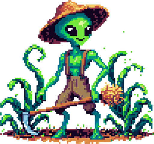 pixel art of a cute alien farmer, side view.
Game asset. 2d. Blank background. High contrast. No shadows.