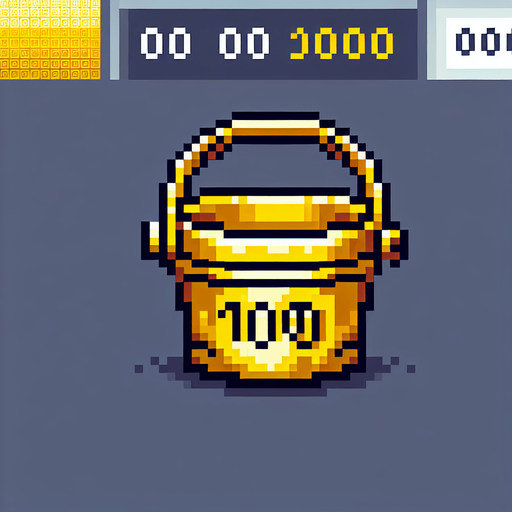 golden bucket with 100 text on it. front view. 
Single Game Texture. In-Game asset. 2d. Blank background. High contrast. No shadows. pixel. 8 bit