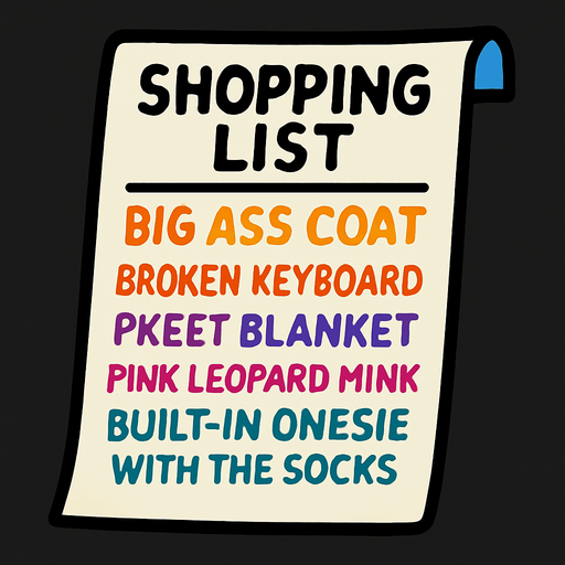 Shopping list that says Big ass coat, Broken keyboard, skeet blanket, pink leopard mink, built-in onesie with the socks.
In-Game asset.  2d.  High contrast.  No shadows