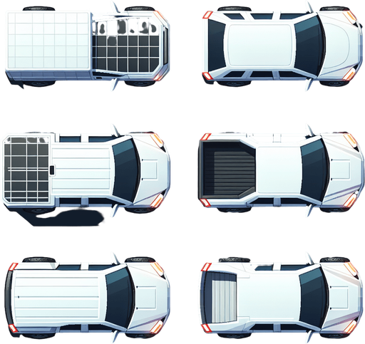 top down look on white civillian car no background vertical.
Single Game Texture.  In-Game asset.  2d.  Blank background.  High contrast.  No shadows
