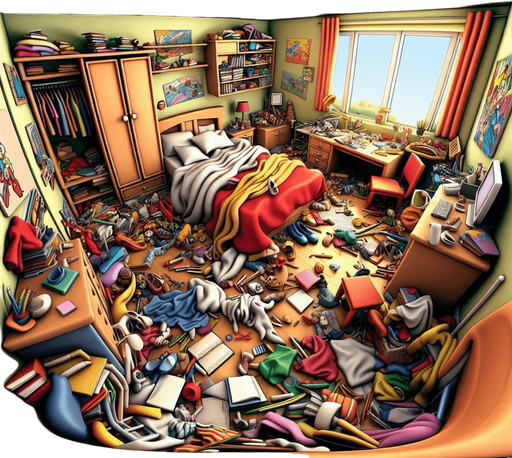 dağınık bir yatak odası, odanın içinden görünüm 3d renkli, çizgi film