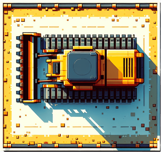 A bulldozer seen from stricly from the top..
Single Game Texture. In-Game asset. 2d. Blank background. High contrast. No shadows.