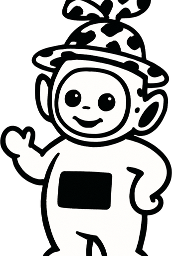 Un teletubie blanco con un sombrero blanco con manchas negras.
In-Game asset.  2d.  High contrast.  No shadows