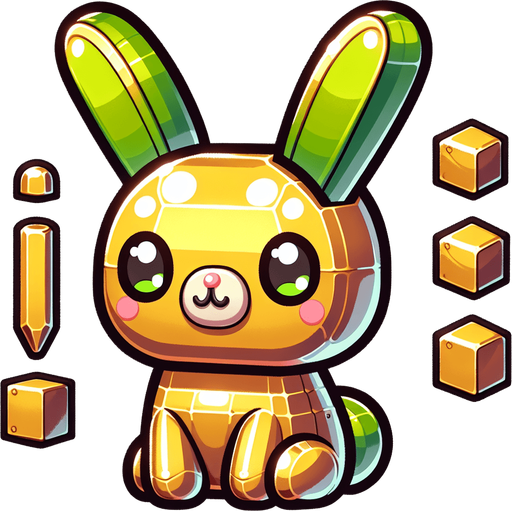 Cute 3d steel kawaii rabbit yellow with green ears.
Single Game Texture. In-Game asset. 2d. Blank background. High contrast. No shadows.
