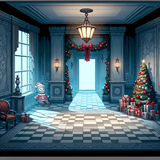 Eerie Christmas-inspired hallway similar to a resident evil room
Single Game Texture. In-Game asset. 2d. Blank background. High contrast. No shadows.