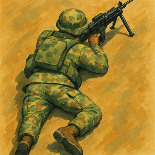 Army soldier laying with machine gun, top view from back