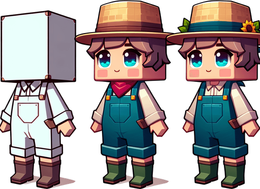 A little farmer that is comically square shaped..
Single Game Texture. In-Game asset. 2d. Blank background. High contrast. No shadows.