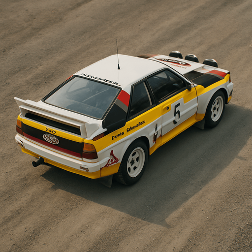 Photorealistic audi b2 quattro RALLYCAR, drone topview from back. Angle should be 45 degrees in the top right corner of the screen