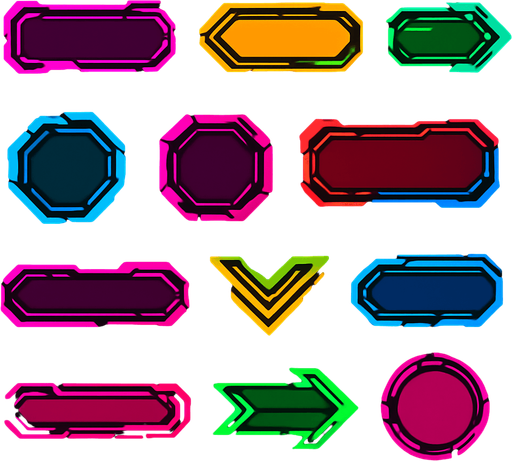 Buttons assets. cyberpunk. abstract. futuer. different colors. HD colors.
In-Game asset.  2d.  High contrast.  No shadows