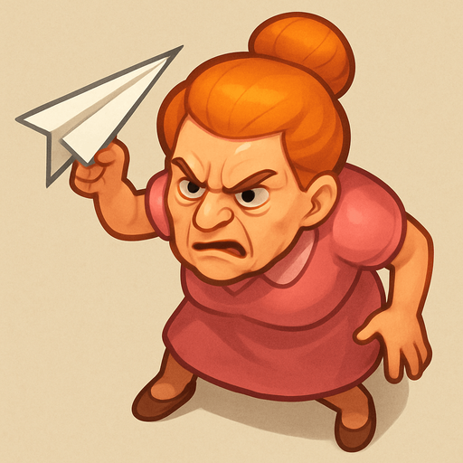 A lady that just threw a paper plane and is leaned forward due to that. She has a pink dress and orange hair. She looks like she has been working in an office for 40 years. Make her look angry as fuck. Cute soft graphics. soft ambient light. semi-matte to satin surfaces. naturalistic with slight saturation boost colors. 
In-Game asset.  2d.  High contrast.  No shadows. top down. View from above.