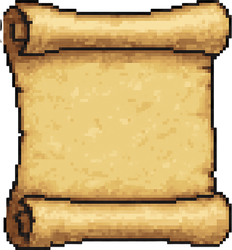 High-quality 2D pixel art of an empty parchment scroll. The scroll is slightly aged, with soft yellowed paper tones, curled edges, and subtle wrinkles and texture details. The ends are rolled and slightly shadowed for depth. The parchment is unrolled and centered, with no text or symbols on it. Style is clean and classic 16-bit pixel art, suitable for use in a fantasy RPG inventory or dialogue box. Transparent background.".
In-Game asset.  2d.  High contrast.  No shadows