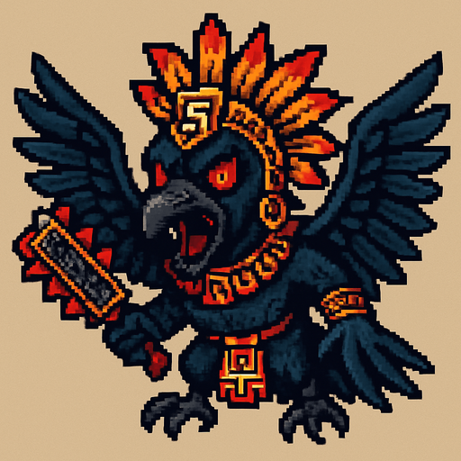 Genérame una Paujil guerrero azteca con eso patrones, estilo pixelar, con una apariencia maligna, ojos rojos, rabioso. Unidad aerea con alas. Animal.
In-Game asset.  2d.  High contrast.  No shadows