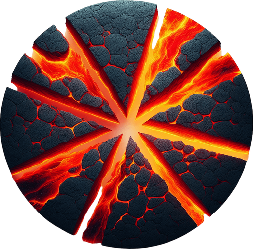 top view of a circle of hot magma sliced into many pieces, flat image...
2d, white background, shadowless.