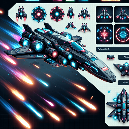 Appearance:

The spaceship should have a sleek, futuristic design, with details such as glowing engines, aerodynamic shapes, and customizable color schemes.
Design should include visual indicators for health or power-ups, such as glowing shields or an energy bar.
In the shooting game background, the spaceship should be attacking aliens descending from above. The design should show the spaceship firing bullets or launching bombs upward toward the approaching aliens, creating an intense and action-packed scene. The spaceship's attacks should look powerful and precise, emphasizing its role as the player's main weapon against the alien invasion.

The front of the spaceship should be facing upward..
Single Game Texture. In-Game asset. 2d. Blank background. High contrast. No shadows.