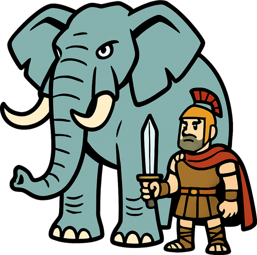 Animasyon çizgi dizi tarzında büyük ve devasa bir fil çiz yanındada elinde kılıç olan eski çağlardan bir asker olsun.
In-Game asset.  2d.  High contrast.  No shadows