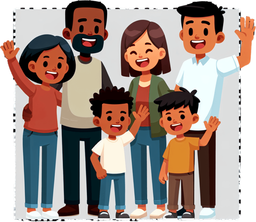 A smiling family waving..
Single Game Texture. In-Game asset. 2d. Blank background. High contrast. No shadows.