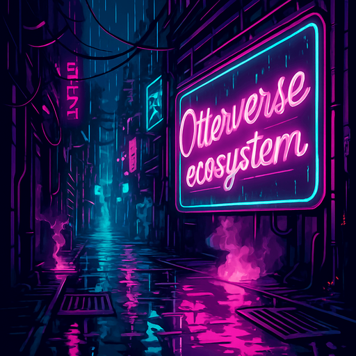 Create a rain-drenched neon alleyway with steam vents, flickering holoboards, and damp metal grates. One giant animated billboard reads ‘Otterverse ecosystem’ in glowing script. Include scattered cables, occasional sparks, and puddles that mirror the vibrant magenta and teal lights—character-free and coin-free..
In-Game asset.  2d.  High contrast.  No shadows