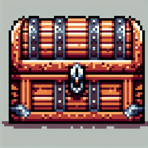 A wooden treasure chest.  Front view. Pixel art..
Single Game Texture.  In-Game asset.  2d.  Blank background.  High contrast.  No shadows