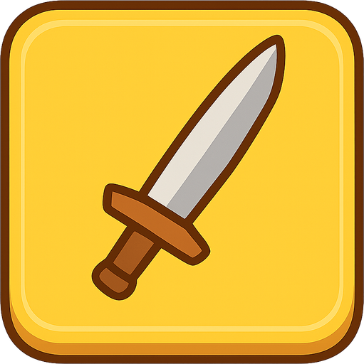 a sword on a yellow button. No background. Transparent background. Blank background. No shadows. 2d. In-Game asset. flat