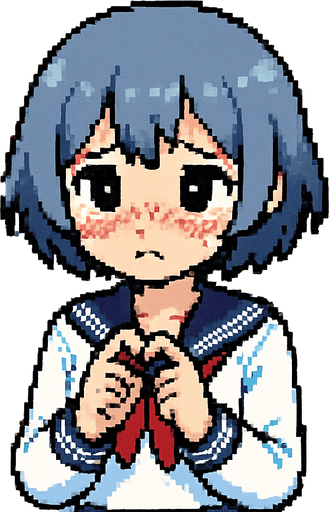 Stella is a sweet and very kawaii 15-year-old anime girl with short, soft blue-gray hair (HEX: #b0b9d8) and black eyes. She wears a traditional Japanese school uniform called a sailor fuku. Stella is extremely shy—she blushes easily, avoids eye contact, and often covers herself when she feels nervous. In this Pixel Art scene, she’s gently touching the tips of her index fingers together, a classic gesture of shyness seen in anime. Behind her is the courtyard of a Japanese middle school, completing the charming school setting..
In-Game asset.  2d.  High contrast.  No shadows