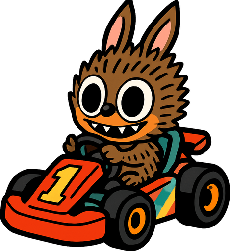 Labubu in kart.
In-Game asset.  2d.  High contrast.  No shadows