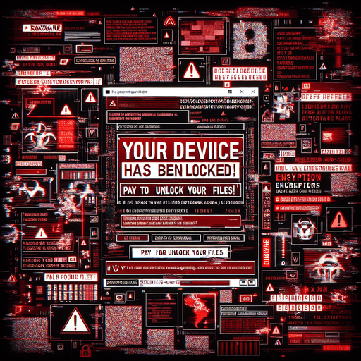 A full-screen background depicting a corrupted device overtaken by a ransomware message. The screen is dominated by a bold, alarming warning message in red and white text, with phrases like 'Your device has been locked!' and 'Pay to unlock your files!' prominently displayed. The background is dark, with digital glitch effects, static noise, and distorted text adding to the sense of corruption. Subtly embedded within the chaotic design is a hidden encrypted code, integrated into the distortion or glitch patterns, making it challenging to notice at first glance. The overall aesthetic is tense, urgent, and visually striking, fitting the theme of a high-tech device under attack..
Single Game Texture. In-Game asset. 2d. Blank background. High contrast. No shadows.