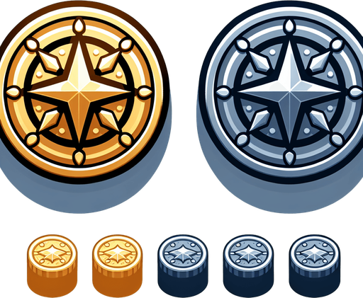 Coin.
Single Game Texture.  In-Game asset.  2d.  Blank background.  High contrast.  No shadows