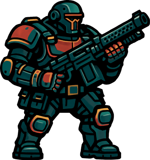 ağır silahlı savaşçı.
In-Game asset.  2d.  High contrast.  No shadows