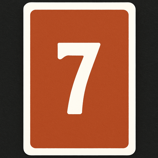 Rectangular card numbered 7, with a white border around it and a terracotta background..
In-Game asset.  2d.  High contrast.  No shadows