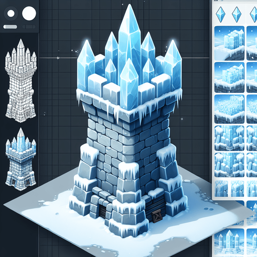 A turret tower built of ice blocks. Front view perspective. Single Game Texture. In-Game asset. 2d. Blank background. High contrast. No shadows.