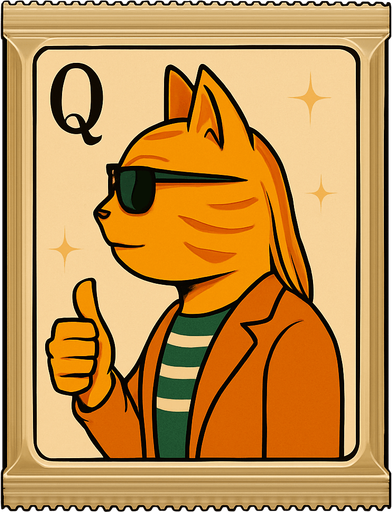 Change the graphic on the picture to be this cat, but like he’s a Queen on a playing card. He should still be wearing these clothes. Seen from the side in the same position as it would look in a regular deck of cards. Have a Q to mark the Queen but no suit.