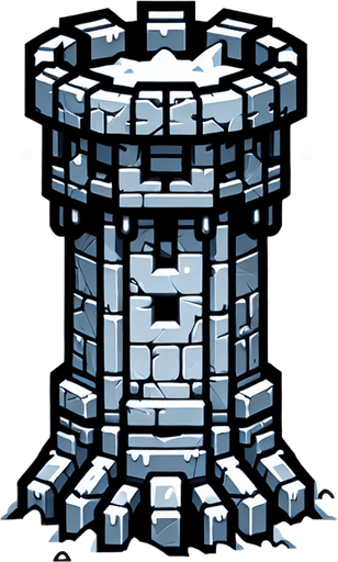 A turret tower built of ice blocks. Front view perspective. Single Game Texture. In-Game asset. 2d. Blank background. High contrast. No shadows.