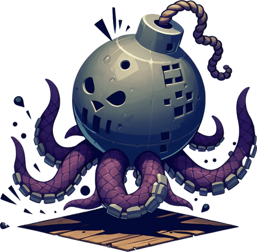 爆弾クラーケン.
Single Game Texture. In-Game asset. 2d. Blank background. High contrast. No shadows.