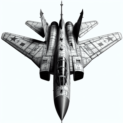 A Soviet fighter jet, facing down.
Single Game Texture.  In-Game asset.  2d.  Blank background.  High contrast.  No shadows