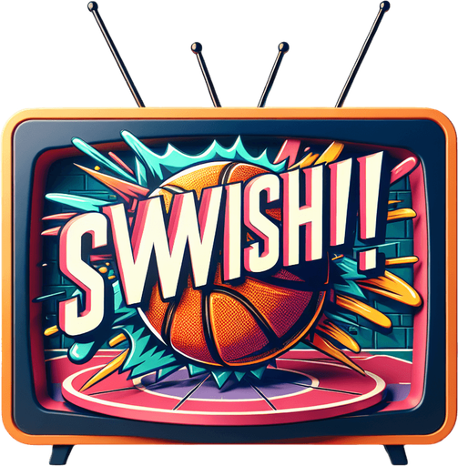 Text announcing 'Swish!'.
Basketball. Text only. Tv style ad.