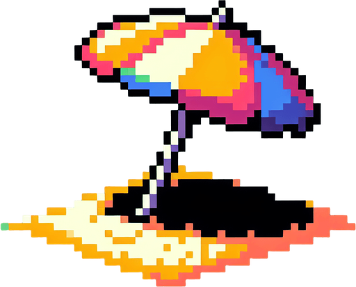 8bit. cartoon. umbrella beach..
Single Game Texture. In-Game asset. 2d. Blank background. High contrast. No shadows.