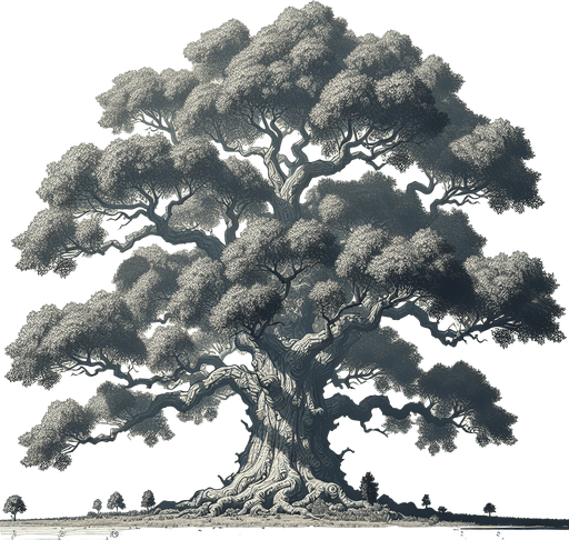 a tall, thick tree with many thick branches. full color..
Single Game Texture.  In-Game asset.  2d.  Blank background.  High contrast.  No shadows