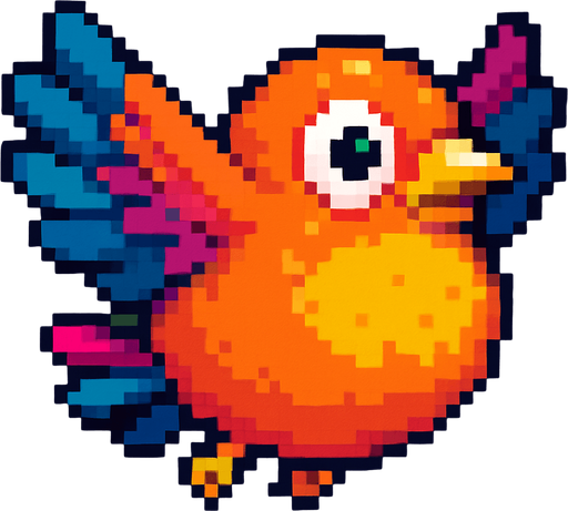 Big fat flaying bird ( Piksel art). Colorful. Cute. 
In-Game asset.  2d.  High contrast.