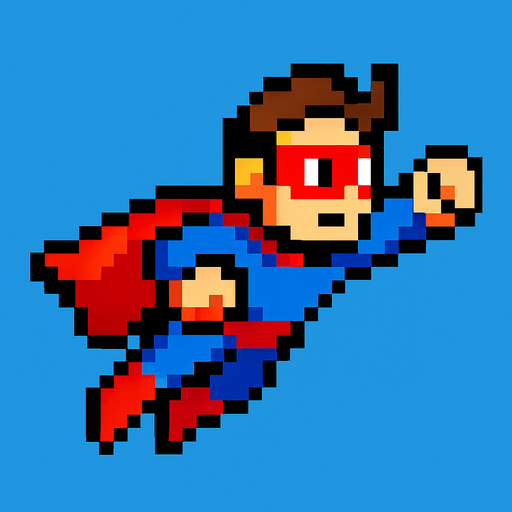 flying pixel art hero.
In-Game asset.  2d.  High contrast.  No shadows