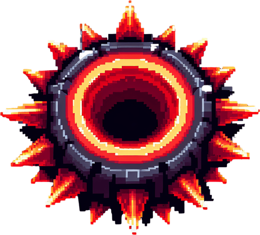 A single spiky rotating obstacle designed in pixel art style. Dark red color with glowing orange edges to create urgency. The obstacle is circular with sharp edges, slightly animated to spin or pulse. Made to look dangerous but simple, ideal for a fast-paced jump-and-dodge arcade game. Transparent background..
Single Game Texture.  In-Game asset.  2d.  Blank background.  High contrast.  No shadows