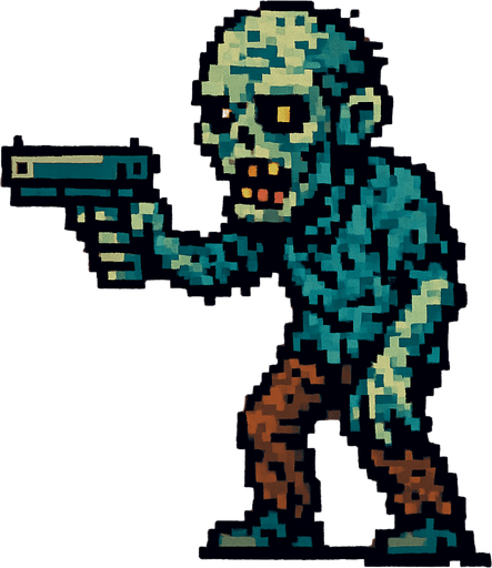 elinde silah tutan bir zombi çiz pixel tarzı ile.
In-Game asset.  2d.  High contrast.  No shadows