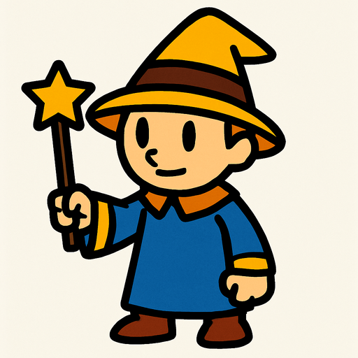 Mago con sombrero amarillo y marrón sin barba con varita con estrella sin barba, de cuerpo entero.
In-Game asset.  2d.  High contrast.  No shadows